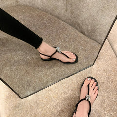 LIZAKOSHT - Women Concise Elegant Leisure Bow Crystal Sandals Round Toe Flat Heels Med Heels Leather Sandals Back Strap Black Shoes