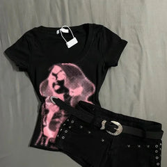 LIZAKOSHT - Summer Streetwear Punk Casual Short Sleeve Tee Shirts Y2k Aesthetic Printing Women T-shirt Harajuku Vintage Grunge Tshirts
