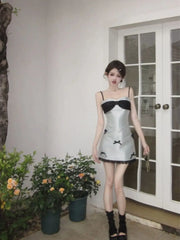 LIZAKOSHT - Women's New V-neck Bow Fashionable Solid Color Slim and High-end Birthday Suspender Dress