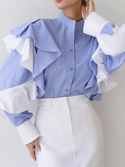 LIZAKOSHT - Oversized Blue Shirts Women Autumn Patchwork Ruffle Sleeve Striped Blouses Female French Elegant Casual Single Breasted Blusas