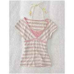 LIZAKOSHT - Japanese Subculture Fake Two Short-sleeved T-shirts Pink Striped Wide Necktie Tie Neck Women's Tees Y2k Sweet Spicy Slim Tops