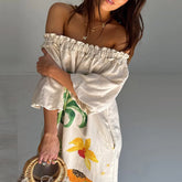 LIZAKOSHT  -  Fruit Printed Loose Vacation Long Dress Leisure Slash Collar Half Sleeve Pocket Dress Summer New High Waist Pleat Linen Dresses