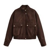 LIZAKOSHT - Vintage Suede Bomber Jacket For Women Brown Short Coat High Collar Long Sleeves With Pockets Overcoat New Autumn Winter