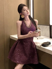 LIZAKOSHT  -  Korean Sweet Tweed Short Dresses For Women 2025 Spring Fashion Luxury Sequins Hotsweet Backless Sexy Party Dress Vestidos Cortos