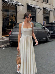 LIZAKOSHT  -  Elegant Solid Square Neck Women Halter Maxi Dress Fashion Backless Pleated Hem A-line Dresses 2024 Summer Lady Chic Party Robes