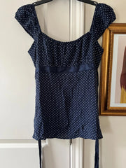LIZAKOSHT - Polka Dot Navy Long T-shirt Blouse Women Summer Square Collar Lace-up Elastic Waist Slim Tshirts Sweet Vintage Y2k Tee Tops