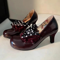 LIZAKOSHT - Retro Burgundy Women Pumps Novelty Polka Dot Design Elegant Dress Heels for Ladies Comfortable Round Toe Designer Lolita Shoes