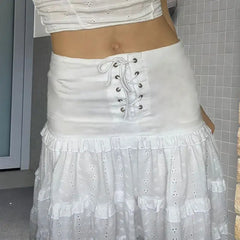 LIZAKOSHT - Skirts Jacquard Ruffle Tie Up Long Skirt White A-Line Skirts Casual Chic Elegant High Waist Holiday Party New