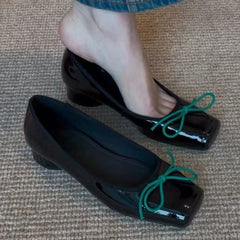 LIZAKOSHT - Patent Leather Fashion Mary Jane Shoes Women Pumps Shallow Women Shoes Bow Low Heel Elegant High Heels Female Zapatos De Mujer