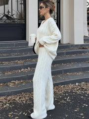 LIZAKOSHT - Casual Ribbed 2 Piece-Set Trousers Sets Women Solid Loose V-Neck Top And High Waist Wide-Leg Pants Sets New Female Outfits