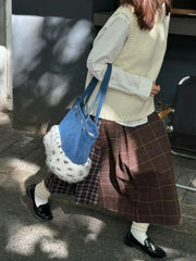 LIZAKOSHT - New Nail Blue Denim Rabbit Fur Splicing Tote Bag Large Capacity Versatile Single Shoulder Handbag Commuting Bags