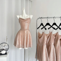 LIZAKOSHT  -  Sequins Dresses Sling High Quality Women Pink Dress Vintage Sleeveless Off Shoulder Y2k Elegant Party Waist Slimming Short Dress