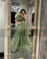 LIZAKOSHT - Green One Shoulder Long Prom Dresses Saudi Ruffles Pleats Evening Dress Dubai Formal Women's Prom Party Gowns
