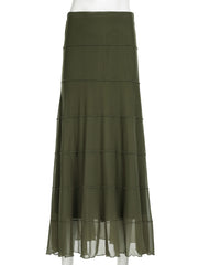 LIZAKOSHT - Vintage Patchwork Mesh A-Line Skirt Casual Solid Low-Waisted Maxi Skirts Women Autumn Spring Fashion Streetwear