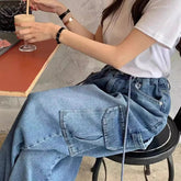 LIZAKOSHT  -  Vintage Multi-pocket Washed Loose Wide Leg Jeans Women 2024 Summer New High Waist Lace-up Casual Denim Cargo Pants