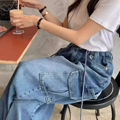 LIZAKOSHT  -  Vintage Multi-pocket Washed Loose Wide Leg Jeans Women 2024 Summer New High Waist Lace-up Casual Denim Cargo Pants