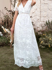 LIZAKOSHT - White Floral Embroidery Dress Women Summer Casual V Neck Short Sleeve Dress Elegant Fashion Lace Boho Beach Holiday Long Dresses