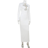 LIZAKOSHT - Women's Clothing With Hollow Out Long Sleeve Half High Collar Temperament Skinny White Party Long Dresses Evening Robes