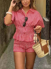 LIZAKOSHT  -  Women Two-Piece Set Of Plaid Short Sleeve Shirt Top Shorts Lapel Pleated Waist Cinched Shirts Blouse Checkered Beach Shorts Suit