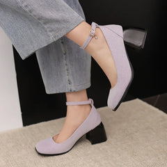LIZAKOSHT - Square Toe Mary Jane Shoes Women 2024 High Heels Ladies Ankle Strap Purple Green Fashion Loafers Size 43 Pumps Zapatos De Mujer