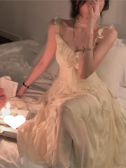 LIZAKOSHT - Summer Ruffle Elegant Fairy Dress Female High Waist Strap Holiday Dress Lady Sleeveless Beach Dress