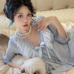 LIZAKOSHT - Women's Pajama Set Long Sleeve Lace Ruffles Summer Ladies Silk Like Sleepwear 2 Pcs with Pants Cute Pijama Suit for Female
