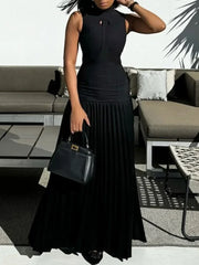 LIZAKOSHT - Female Fashion Black Color Bodycon Long Dress New Summer Sleeveless Split-Joint Pleated Club Elegant Party Dresses