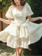 LIZAKOSHT - Elegant Chic Mini Tiered Dress Blue White Summer Party Women Ruffles Puff Sleeve Backless Sexy Ladies Dress Vestidos
