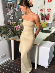 LIZAKOSHT - Sexy Strapless Women Bodycon Maix Dress Elegant Backless Sleeveless Pleated Knot Dresses 2024 Summer Lady Party Club Solid Robes