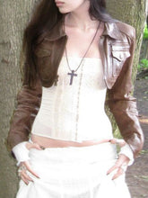 LIZAKOSHT - Vintage Lapel Neck Zpper Jackets Women Chic Short PU Leather Coat Fashion Korean All Match Long Sleeve Tops Y2k Clothes