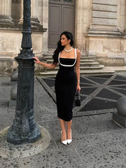 LIZAKOSHT - Fashion Pearl Patchwork Sling Dresses Women Elegant Solid Square Neck Sleeveless Slim Dress 2024 Lady Fashion Party Gown Robes