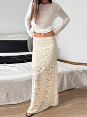 LIZAKOSHT - Elegant Flower Lace Women Skirt Solid Color Casual Hollow Out Women Long Skirts New Summer Fashion Retro Beach Ladies Skirts