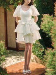 LIZAKOSHT - Elegant Chic Mini Tiered Dress Blue White Summer Party Women Ruffles Puff Sleeve Backless Sexy Ladies Dress Vestidos