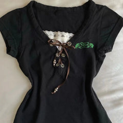 LIZAKOSHT - Pure Love Style Harajuku 2000s Fake Two Short Sleeves Female Summer New Vintage Black V-neck T-shirt Lace Short Top