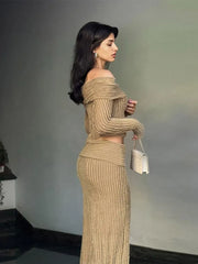 LIZAKOSHT - Off-shoulder Pleated Striped Women's Tops Skirts Sets Elegant Solid Color Long Sleeve Pullover Women Casual Long Skirt Set