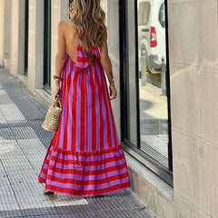 LIZAKOSHT - Women Sexy Halter Off Shoulder Striped Dress Beach Elegant Sleeveless Backless Long Dress Summer Swing Big Hem A-Line Maxi Dress