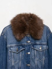 LIZAKOSHT - Women Blue Denim Jacket With Brown Faux Fur Collar Full Sleeve Button Front Cropped Casual Outerwear 2025 Autumn Lady Streetwear