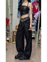 LIZAKOSHT - Vintage Leopard Print Patchwork Fake Two Piece Straight Wide Leg Jeans Stylish Street Jeans Harajuku Style Hot Girl Y2k Trousers