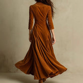 LIZAKOSHT - Autumn Women Dress Vintage Lapel Collar Three-quarter Sleeves Velvet Lady Maxi Dress Solid Color Button Slim Fit Female Dress