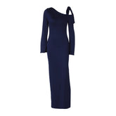 LIZAKOSHT - Women's Elegant Long Sleeve Slim Fit Solid Off Shoulder Skew Collar Strappy Side Slit Maxi Dress Casual Sexy Y2K Streetwear