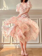 LIZAKOSHT  -  runway designer pink floral pattern buttons ruffles midi dress irregular lace up vestidos vintage french retro clothing