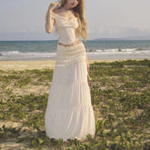 LIZAKOSHT - Summer New High Street Lace-up Pleated Solid Color Casual Cake Skirt Women + Sexy Slim Short Sleeve T-shirt Two-piece Suit