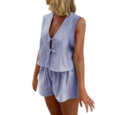 LIZAKOSHT - Striped Two Piece Set for Women Sexy V Neck Tie Front Sleeveless Tank Top and High Waist Shorts y2k Clothes Streetwear