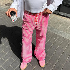 LIZAKOSHT - y2k Pants Women Chic Fashion Striped Contrast Color Elastic Waist Wide Leg Loose Trousers 2000s Sweatpants Streetwear