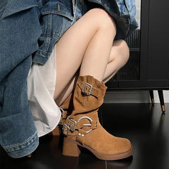 LIZAKOSHT - Luxury Platform Mid Calf Combat Boots Women Chuny Heel Buckle Vintage Fashion Casual Shoes Western Suede Botas Mujer