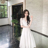 LIZAKOSHT - Lace Dresses for Women V Neck Solid Spring Summer Elegant Vestidos Mujer Korean Fashion Puff Sleeve Retro Long Dress