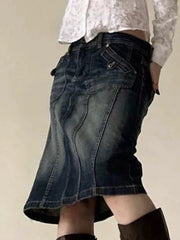 LIZAKOSHT - Vintage Blue Straight Denim Skirt Women American Retro Aesthetic Chic Stitch Cargo Mid Skirts Y2K Streetwear Grunge New