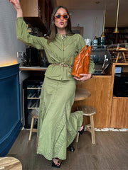 LIZAKOSHT - Hollow Out Green Long Skirt Set Embroidered Long Sleeved Shirt Single Breasted Elegant Half Body Fishtail Skirt Women's Clothing