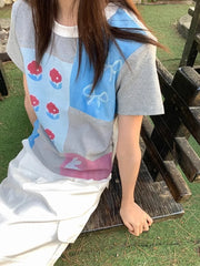 LIZAKOSHT - Korean chic Summer O Neck Short Sleeve Geometric Print Cartoon Slim Women's T-shirts