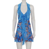 LIZAKOSHT - Sexy Deep V-neck Floral Print Halter Dress Chic Wood Ear Detailing Backless Vacation Mini Dress Y2k Party Outfit Summer